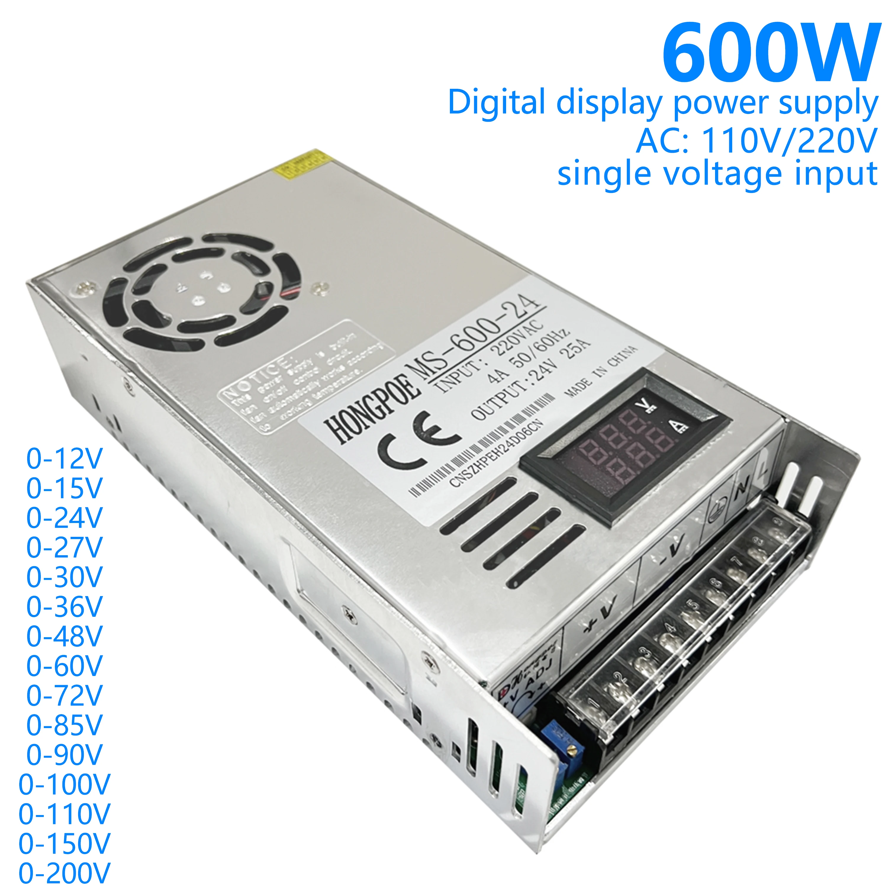 600W Schalt netzteil Voltag einstellen 0-12V 15V 24V 36V 48V 60V 85V 110V 200V LED Digital anzeige Netzteil Image