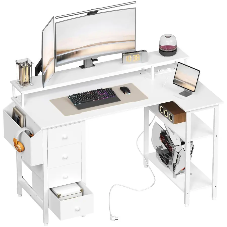 L-förmiger Schreibtisch mit 4 Schubladen, 120 x 68 cm L-förmiger Gaming-Tisch mit Monitorständer, 2 Steckdosen und 2 USB-Anschlüssen, umkehrbarer Eckschreibtisch Image