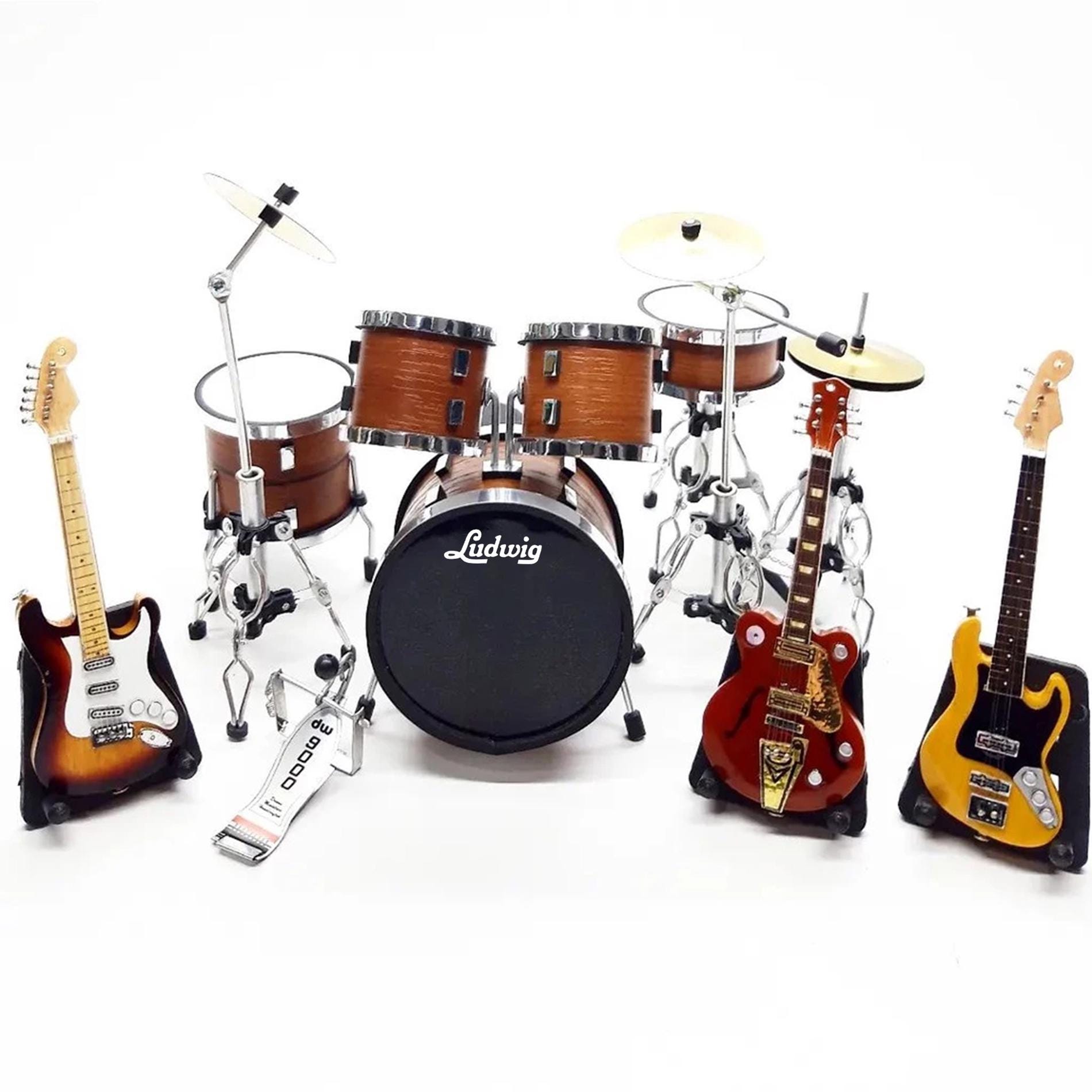 Batteria in miniatura Lud parrucca marrone 1:12 con chitarre / Mini replica batteria fatta a mano / Strumento musicale da esposizione per regalo di co