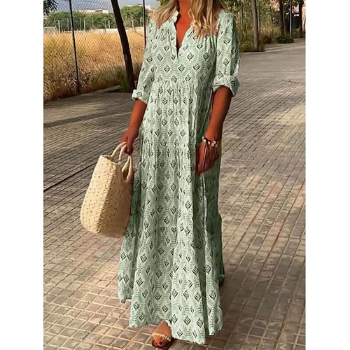 Damen Maxikleid Sommerkleid Freizeitkleid Druckkleid Elegant Mode Modern Outdoor Urlaub Ausgehen Normale Passform Geometrisch Kurzarm V Ausschnitt Blau Rosa Grün Grau Sommer Frühling Image