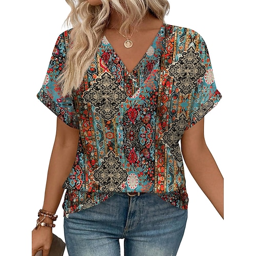 Damen T Shirt T-Shirt Einfach Mode Stilvoll Klassisch Kurzarm V Ausschnitt Normale Oberteile Täglich Ausgehen Wochenende Blau Schwarz Weiß Rote Sommer Frühling Image