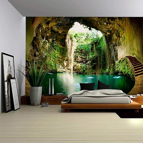 Moderner Wandteppich mit Pflanzenlandschaft als malerischer Wandbehang für Schlafzimmer, Wohnzimmer, Studentenwohnheim, Universitätszimmer, Heimdekoration, Fotohintergrund Image