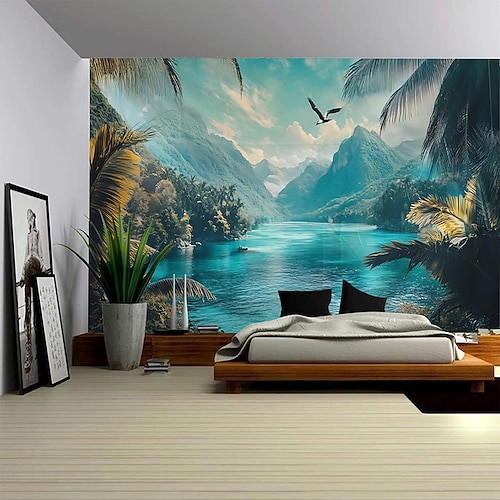 Moderner Wandteppich mit See-, Wald-, Wasserfall- und Bootsmotiv, digitaler Druck, malerischer Wandbehang für Schlafzimmer, Wohnzimmer, Studentenwohnheim, Heimdekoration, Fotohintergrund Image