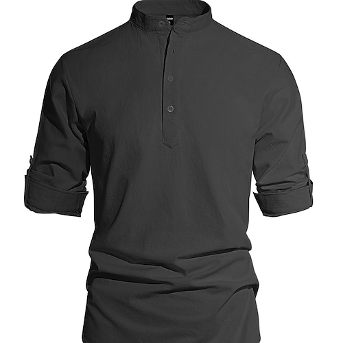 Herren Hemd Leinenhemd Knopfhemd Einfach Urlaub Straße Schwarz Weiß Marineblau Khaki Langarm Mandarinkragen Sommer Frühling Bekleidung Knöpfe Image