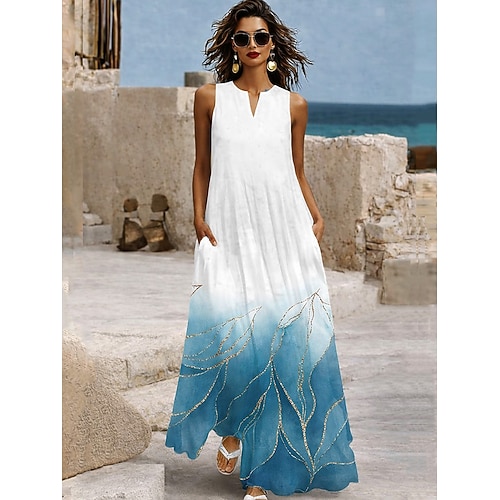 Damen Maxikleid Sommerkleid A Linie Kleid Urlaub Lässig Boho Täglich Ferien Lässiger Schnitt Blumen Grafik Ärmellos V Ausschnitt Weiß Sommer Frühling Image