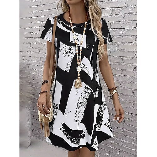 Damen Minikleid Shiftkleid T-Shirt-Kleid Sommerkleid Lässig Täglich Normale Passform Grafik Geometrisch Kurzarm Rundhalsausschnitt Blau Weiß Rosa Purpur Sommer Frühling Image