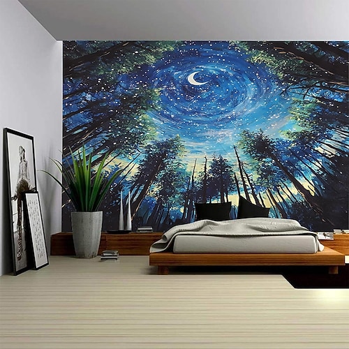Moderner Wandteppich mit Sternenhimmel und Waldlandschaft, digitaler Druck, malerischer Wandbehang für Schlafzimmer, Wohnzimmer, Studentenwohnheim, Heimdekoration, Fotohintergrund Image