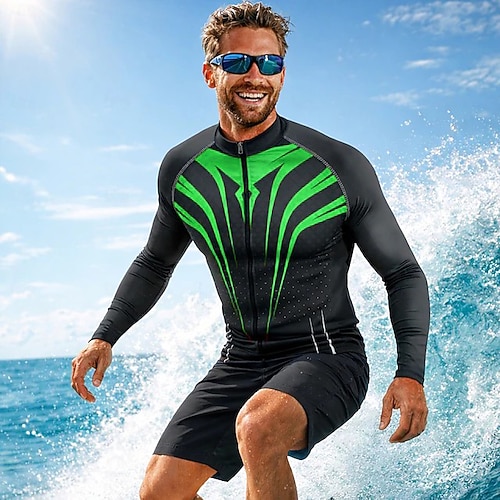 Herren Anti UV Shirt T-Shirt zum Schwimmen Geometrisch UPF50 UV Schutz Schnelltrocknend Langarm Bademode Schutz gegen Hautausschlag Surfen Kanufahren Strand Sommer Image
