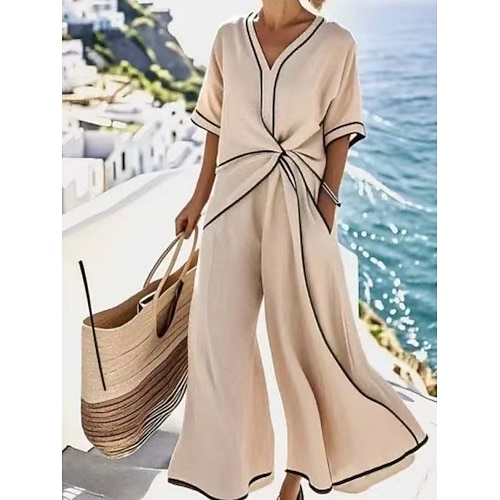 Damen Overall Aktiv Gestreift Kurzarm Weites Bein V Ausschnitt Tasche Täglich Urlaub Normale Passform Aprikose Sommer Image