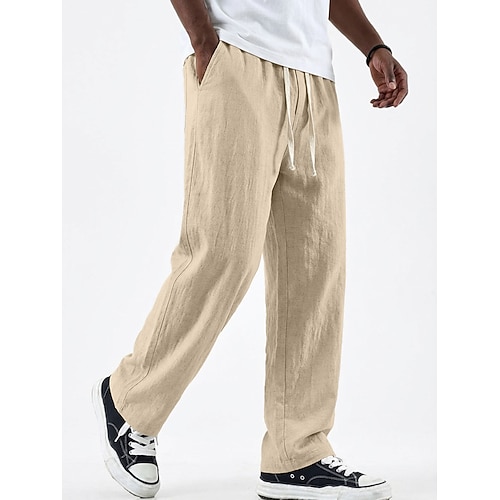 Herren Leinenhosen Hose Sommerhose Baggy-Hosen Tasche Elastischer Bund Gerader Schnitt Einfarbig Bequem Atmungsaktiv Volle Länge Lässig Täglich Ferien Urlaub Mode Blau Schwarz Unelastisch Image