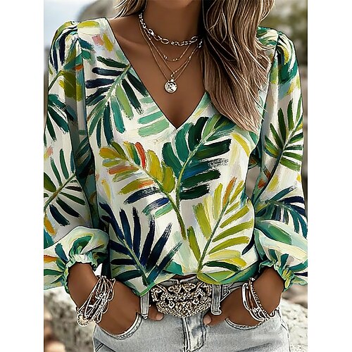 Damen Bluse Blumen Täglich Stilvoll Lässig Langarm V Ausschnitt Normale Oberteile Täglich Salbeigrün Weiß Hellgrün Rosa Rote Sommer Frühling Herbst Image