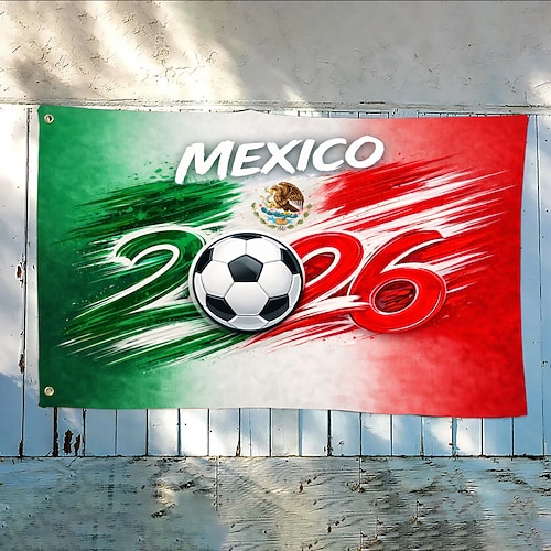 Mexiko-Flagge 2026 – leuchtendes Grün, Weiß Rotes Pinselstrichmuster mit Fußball, Nationalemblem, strapazierfähiges Material Image