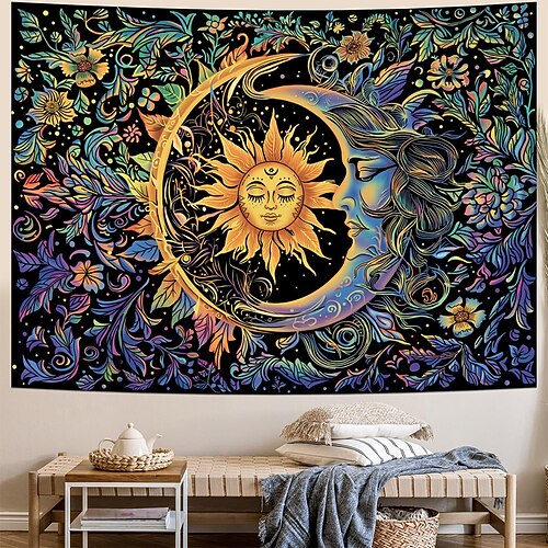 Wandteppich mit himmlischem Sonnen- und Mondmotiv, Halbmondgesicht, Berglandschaft, Sternennacht, ästhetischer Boho-Stil, mystische Schlafzimmerdekoration Image