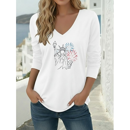 Amerikanischer Unabhängigkeitstag Damen T Shirt Langes Baumwolltop T-Shirt Druck Grafik Stilvoll Klassisch Lässig Langarm V Ausschnitt Normale Oberteile Täglich Ausgehen Wochenende Blau Schwarz Wei Image