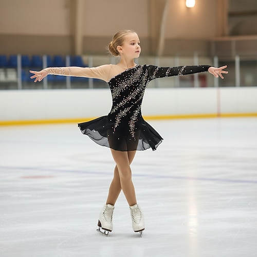 Eiskunstlaufkleid Mädchen Eislaufen Kleid Schwarz Patchwork Daumenloch Dehnbar Training Wettbewerb Eiskunstlaufkleidung Klassisch Kristall / Strass Langarm Eislaufen Eiskundstlauf Image