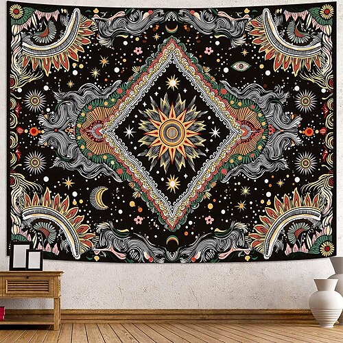 Mystischer, psychedelischer Wandteppich mit Sonnengesicht, himmlischem Sternenmuster, Mond und Sternen im Rautenmuster, bohemischer Wandbehang, abgefahrene Hippie-Wohndekoration, Image