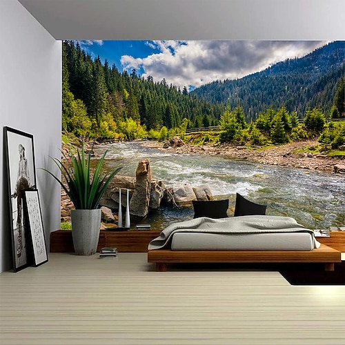Wald, Pflanzen, Wasserfälle, Seelandschaft, Wandteppich, moderne Szenerie, schönes Schlafzimmer, Wohnzimmer, Studentenwohnheim, Universitätswohnheim, Fotohintergrund, dekorative Heimdekoration Image