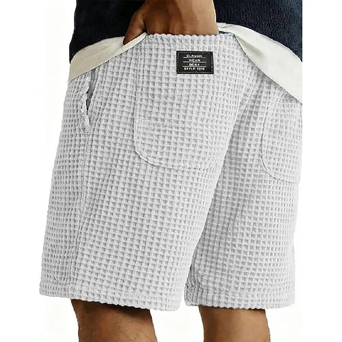 Herren Waffel-Shorts Shorts Freizeitshorts Tasche Elastischer Bund Rein Einfach Komfort Atmungsaktiv Knielang Lässig Outdoor Urlaub Urlaub Mode Schwarz Weiß Mikroelastisch Image