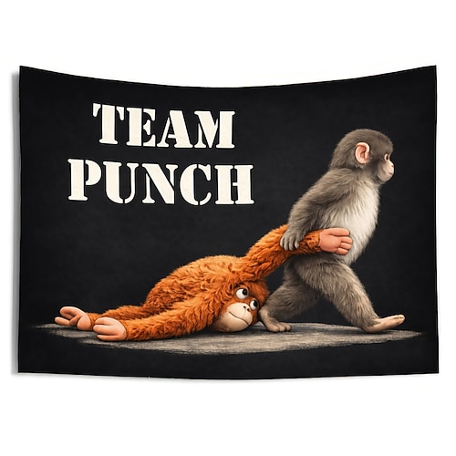 Team Punch Monkey Wandteppich, lustiges Tiermotiv, niedliches Affenbaby, Zimmerdeko, schwarzer Humor, Studentenwohnheimdeko, Schlafzimmer, Wohnzimmer, ästhetischer Wandteppich, Geschenk für Freunde Image