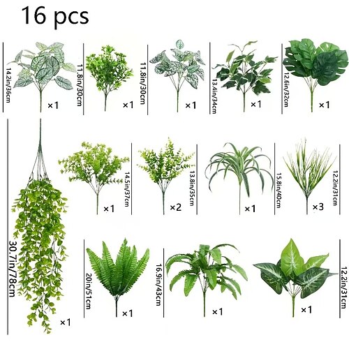 16 künstliche Pflanzen für den Außenbereich, UV-beständig, künstliche Sträucher und Büsche aus Kunststoff, Kunstpflanzen für drinnen und draußen, Hängepflanzen für Garten, Veranda, Fensterkasten, Image