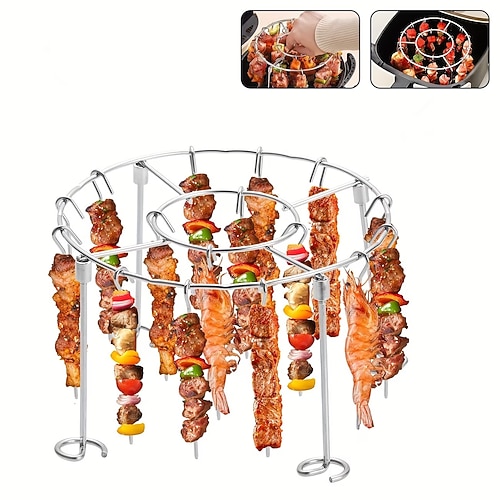 Vertikaler runder Grillrost aus Edelstahl für Heißluftfritteusen mit 24 Spießen – für gleichmäßiges Garen von Fleisch Gemüse, verhindert Anbrennen, passend für 3-6-Liter-Heißluftfritteusen, Image