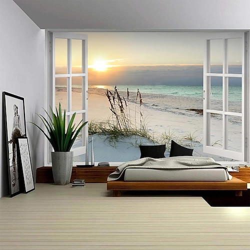 3D-Wandteppich mit Strand-Sonnenuntergangsmotiv, Küsten-Sanddünen, Meereslandschaft, ruhiger Schlaf- und Wohnzimmerhintergrund Image