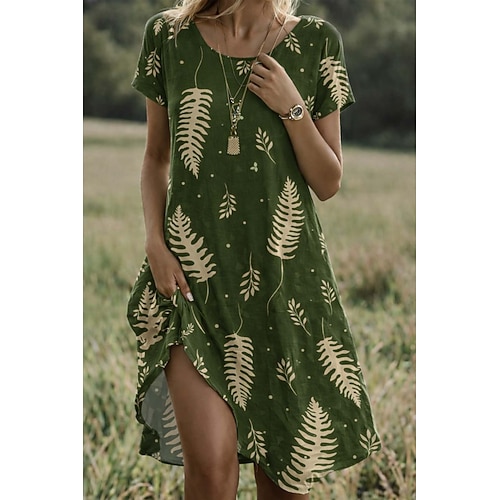 episodisches Zeichen-Minikleid für Damen, Sommerkleid, T-Shirt-Kleid, Freizeitkleid, Ausgehkleid, normale Passform, florales Muster, Kurzarm, V-Ausschnitt, orange, braun, grün, Sommer, Frühling, Image