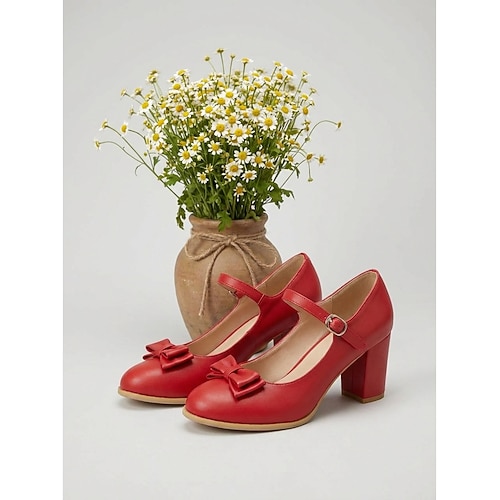 Damen Täglich Arbeit Party Schleife Blockabsatz Runde Zehe Elegant Vintage Kunstleder Schnalle Gelb Rosa Rot Image