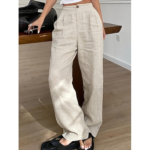 Damen Leinenhosen Hose Freizeithose Gerade Urlaub Mode Streetwear Volle Länge Hohe Taille Einfach Tasche Elastischer Bund Bequem Unelastisch Täglich Urlaub Straße Khaki Sommer Frühling Lässiger Image