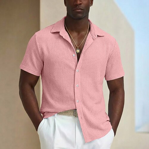Herren Hemd Waffelhemd Textur Freizeithemd Knopfhemd Blau Schwarz Weiß Rosa Kaki Kurzarm Einfach Revers Lässig Täglich Rein Bekleidung Mode Modern Lässig Bequem Image