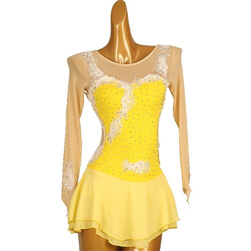 Eiskunstlaufkleid Mädchen Eislaufen Kleid Gelb Rosa Himmelblau Patchwork Daumenloch Dehnbar Training Wettbewerb Eiskunstlaufkleidung Klassisch Kristall / Strass Langarm Eislaufen Eiskundstlauf Image