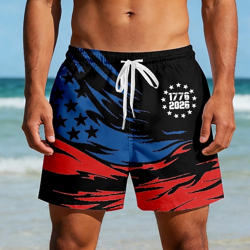 Herren 250. Jahrestag des Unabhängigkeitstages der USA am 4. Juli US Flagge 1776 Badehosen Badeshorts Boardshorts Mittlere Taille Lässig Ferien Seitentaschen Netzfutter Elastischer Kordelzug in der Image