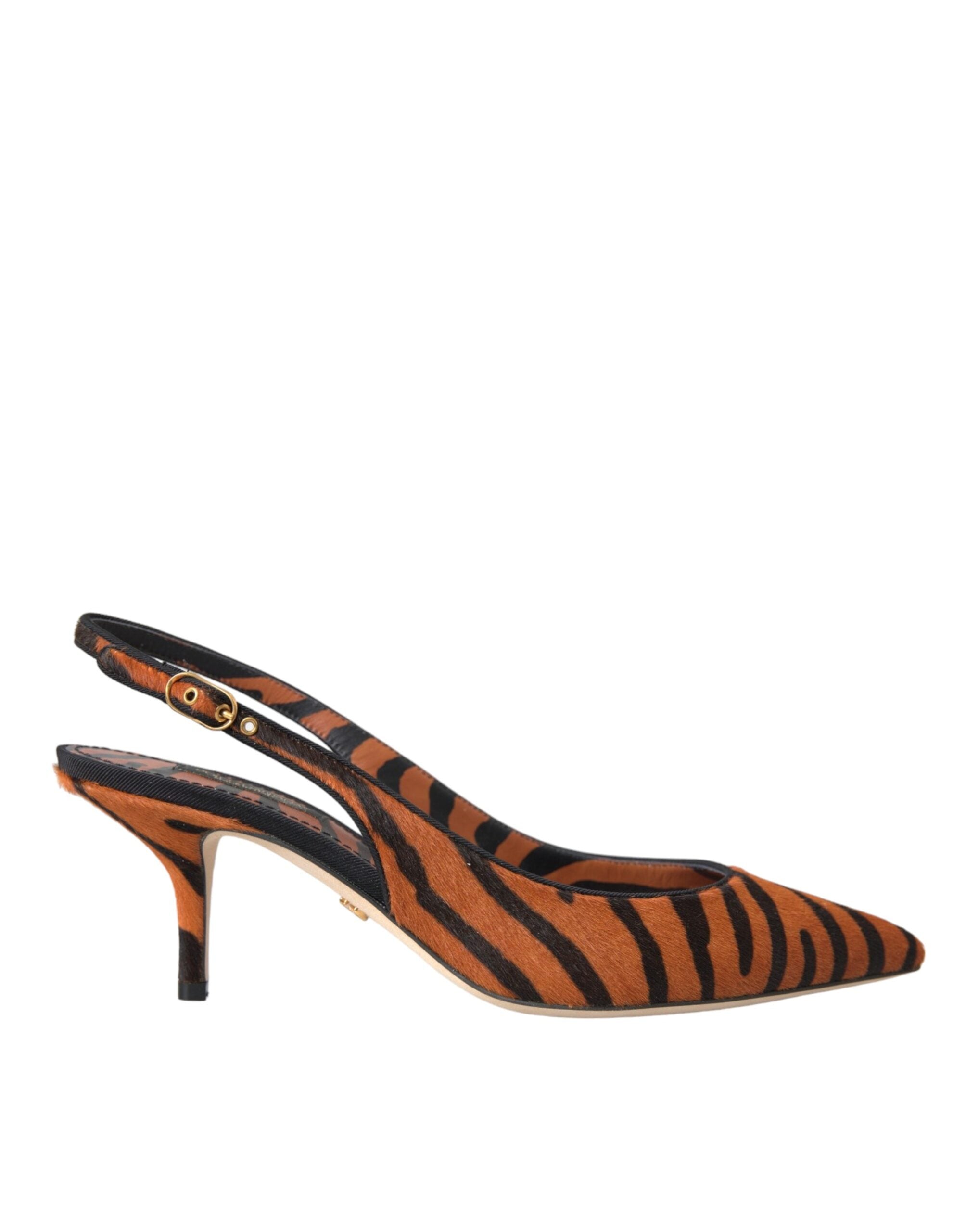 Dolce & Gabbana Schwarze Orange Zebra Leder Slingbacks Schuhe