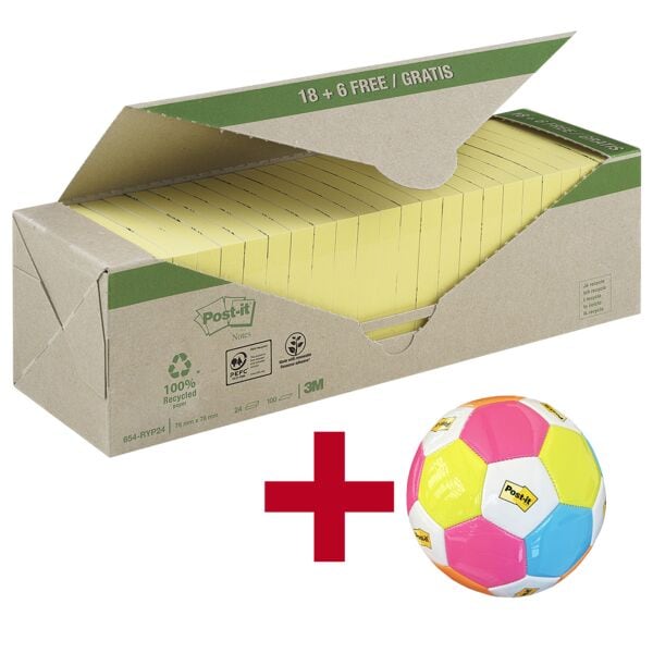 Post-it Notes (Recycle) Haftnotizen »Recycling Notes« 76 x 76 mm - 24 Blöcke gelb inkl. Fußball »Post-it