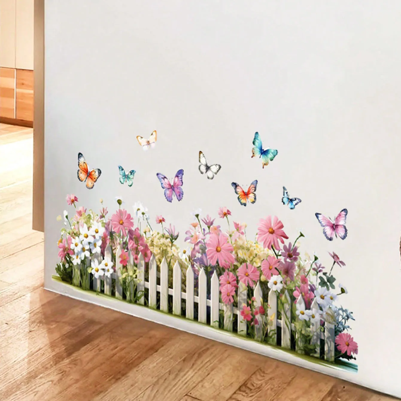 Wildblumen-Zaun-Wandaufkleber, Blumen-Wandtattoos zum Abziehen und Aufkleben, Boho Pflanzen- und Schmetterlings-Wanddekoration für Schlafzimmer L