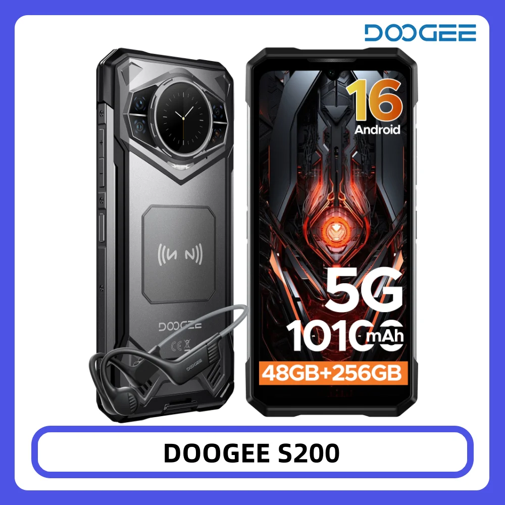 DOOGEE S200 Robustes Smartphone 48GB + 256GB Dimensity 7050 6,72 Zoll 120Hz Display 100MP Kamera 10100mAh Akku NFC Android 16 Smartphone