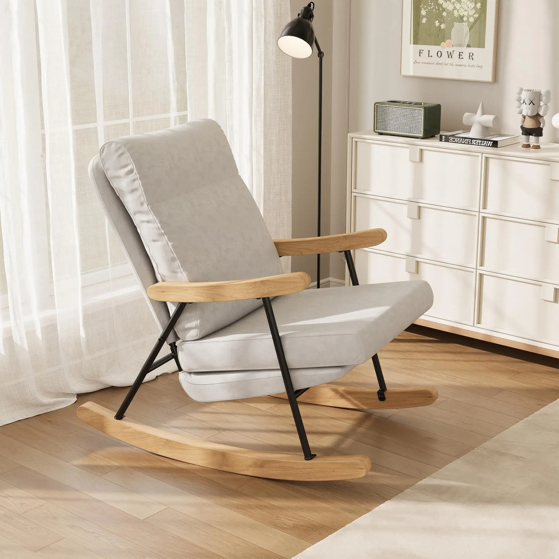 Holzschaukelstuhl, gepolsterter Loungesessel, moderner Sessel, Relaxsessel, geeignet für Wohnzimmer und Schlafzimmer