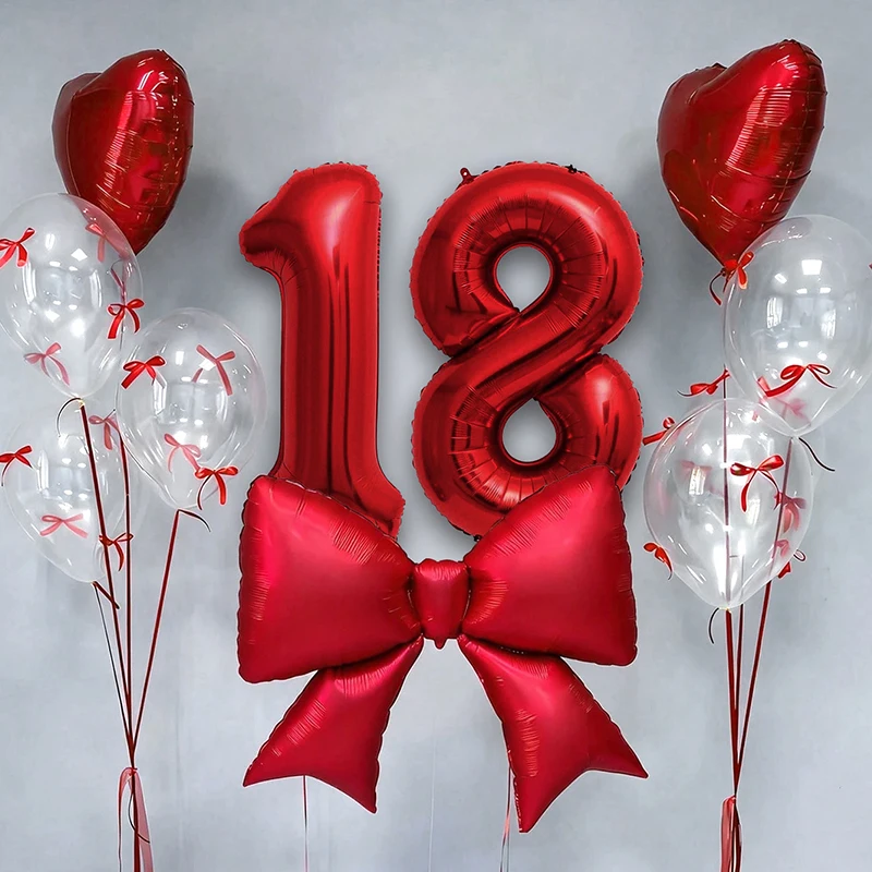 Geburtstags-Dekorationsset, große rote Satinband-Folienballons, 40 Zoll große rote Zahlenballons 0-9, 10, 18, 20, 21, 25, 30, 18 Zoll große rote Herzballons, transparente Latexballons (mit
