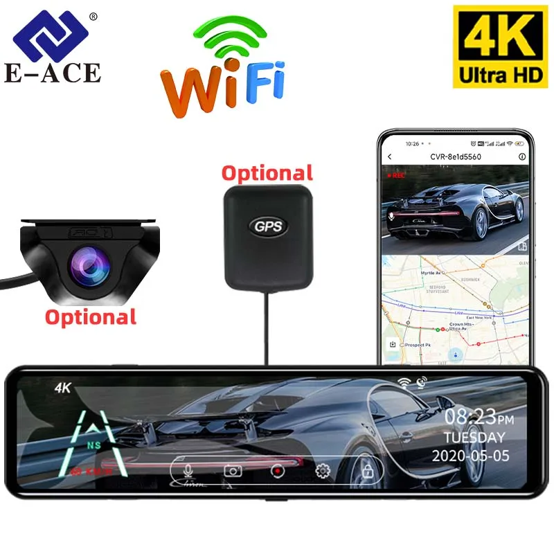E-ACE 12'' 4K 2160P WLAN Touchscreen Videorekorder Rückfahrkamera Dashcam Vorne Optional 1080P Rückfahrkamera Spiegel-DVR Black Box Image