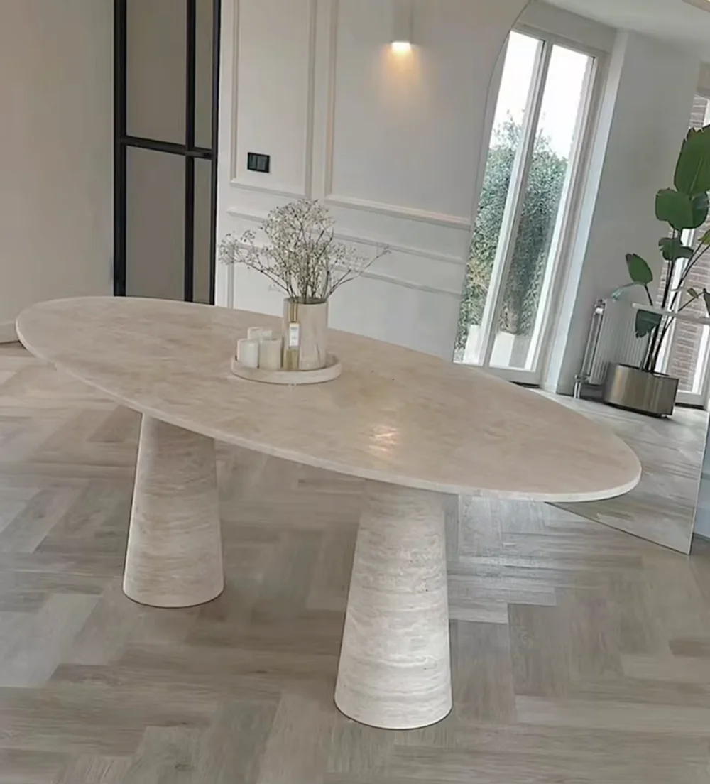 Moderner Beige-Esstisch aus Travertin, Steintisch, geriffelter ovaler Marmor-Esstisch aus Travertin