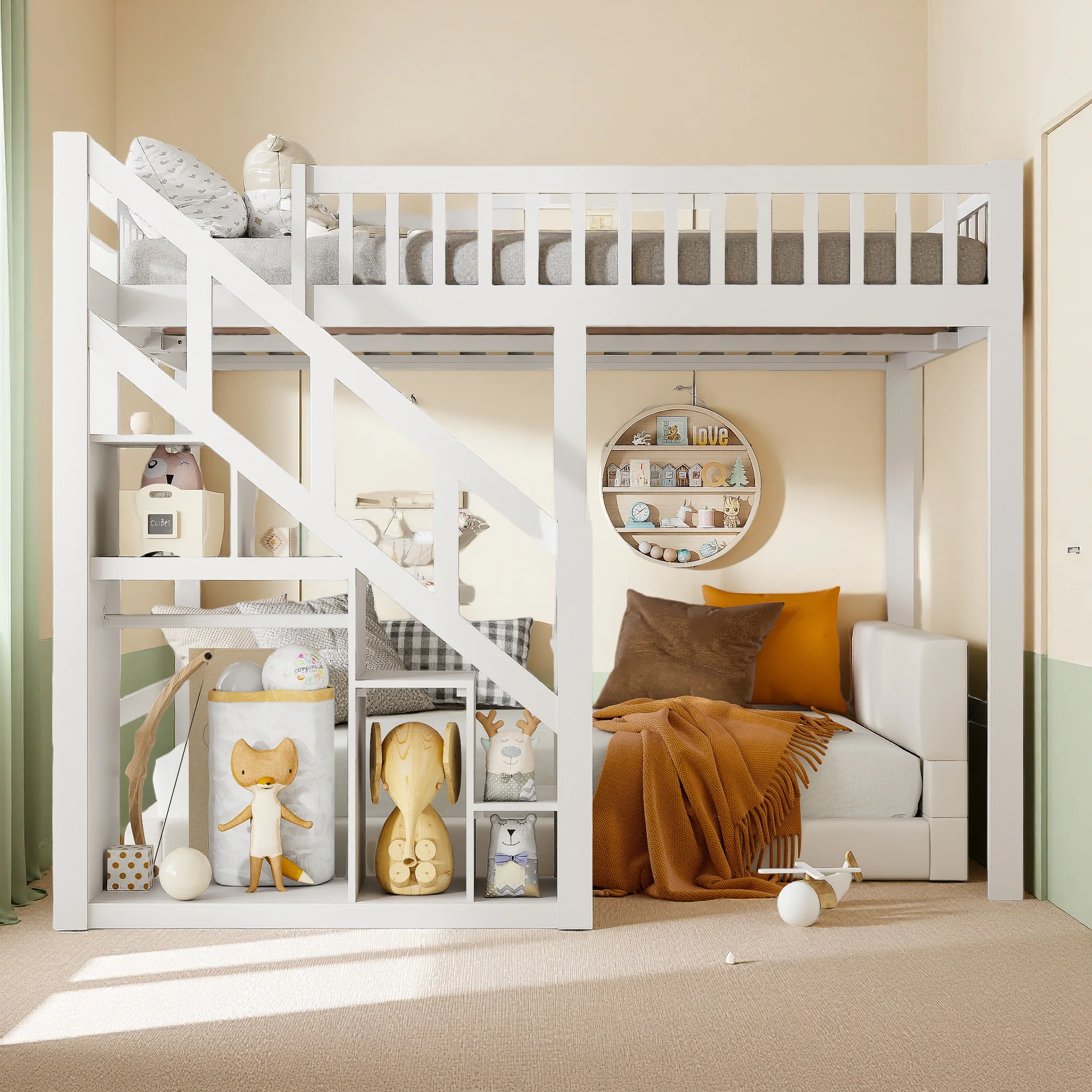 Roshanda Kinder-Etagenbett 90x200/140x200 cm, mit Treppe und Stauraum, für Kinderzimmer, Weiß, Kiefer Image