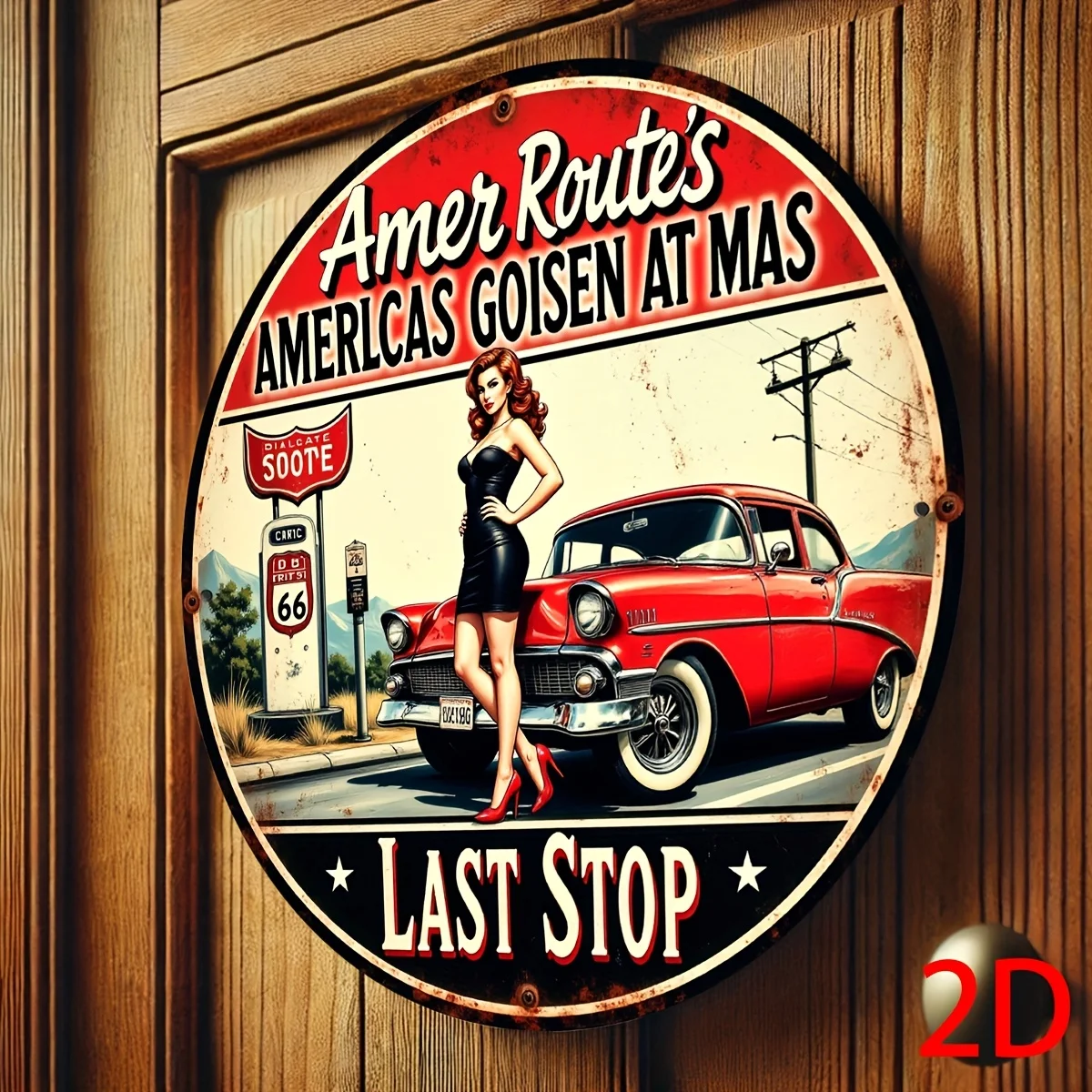 2D Flaches, Vintage Route 66 Metall-Wandschild - Retro 2D Flache Americana-Kunst mit Pin-Up Girl & Klassischem Auto - Langlebiges Aluminium-Garagenschild