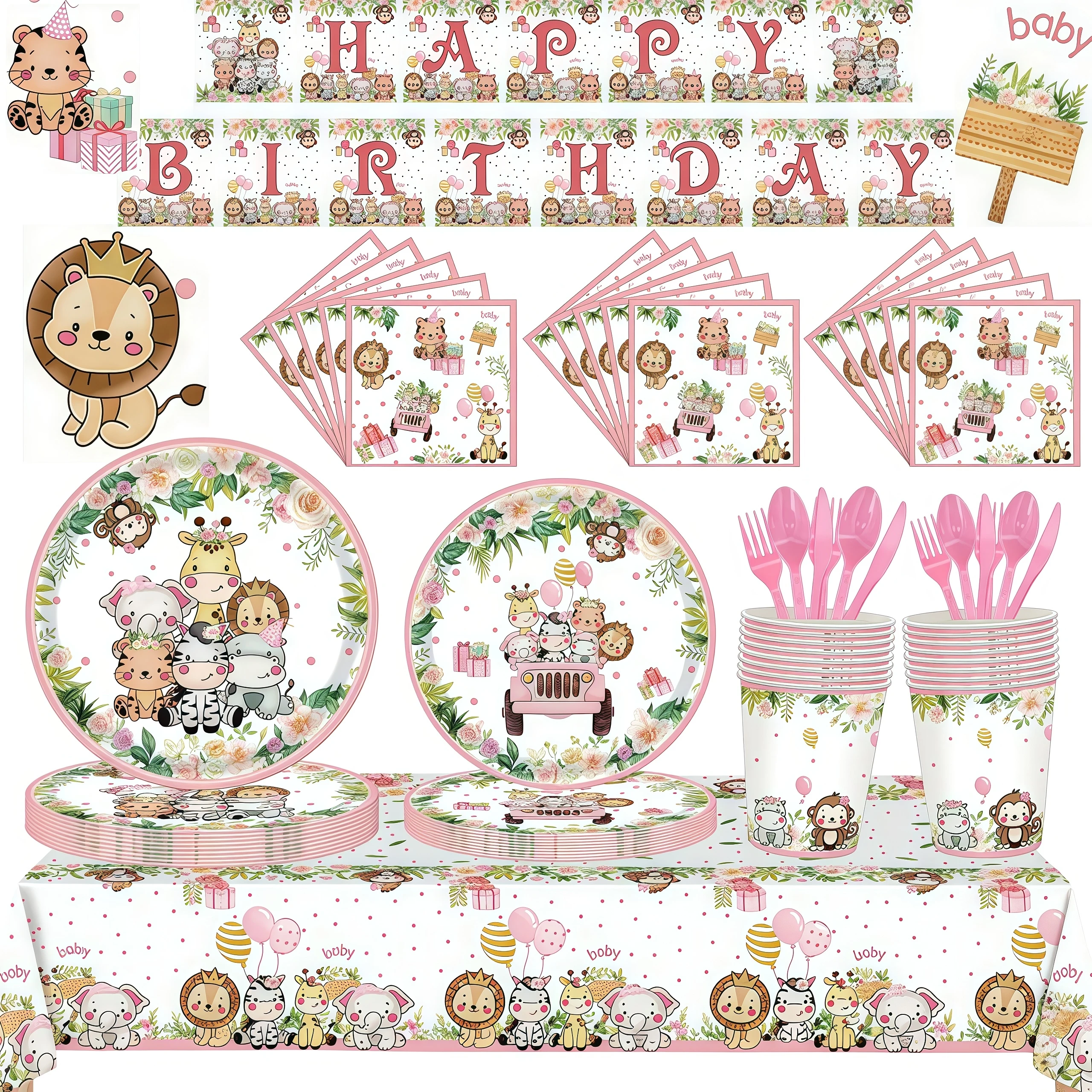 Rosa Dschungel Safari Geburtstag Party Supplies Cartoon Tiere Geschirr Tassen Teller Servietten Tischdecke für Mädchen Baby Shower Dekor Image