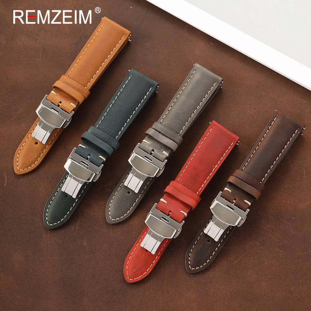 Premium Vintage Crazy Horse Leder-Uhrenarmband für Herren mit Schnellverschluss-Faltschließe in 18/20/22mm Größen