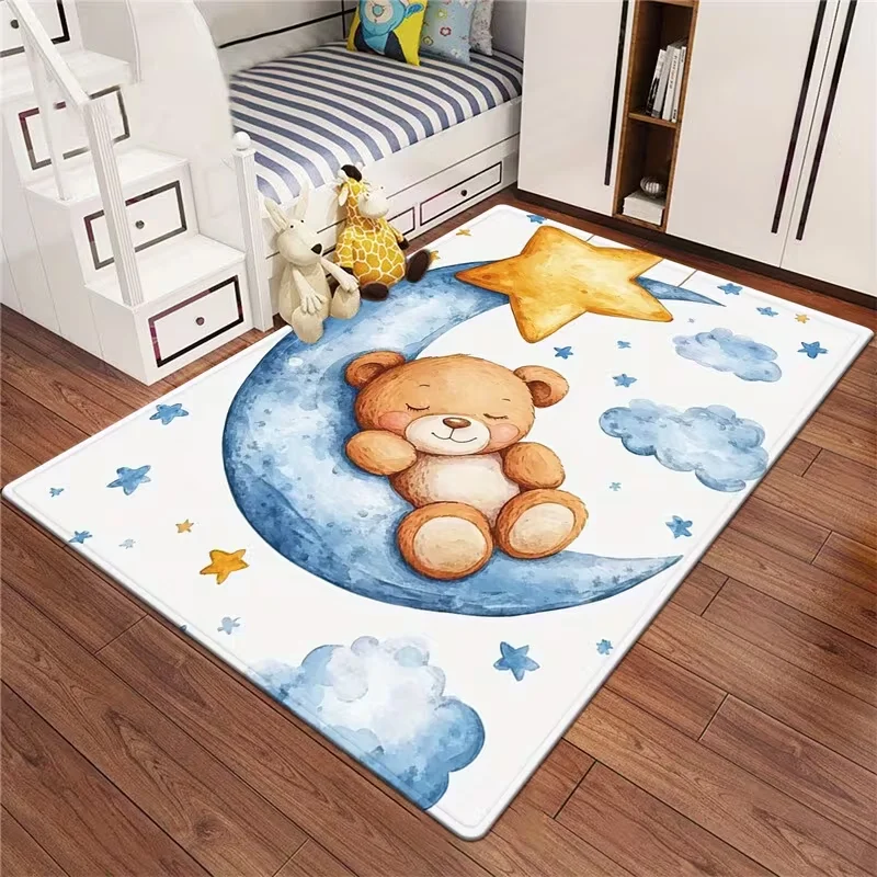 Cartoon-Mondbär-Teppich für Kinder, Aquarell-Sternenhimmel-Teppich, Gemütliche Wohnzimmer-Spielmatte, Camping-Outdoor-Dekoration, Weich, Komfortabel und Sicher Image