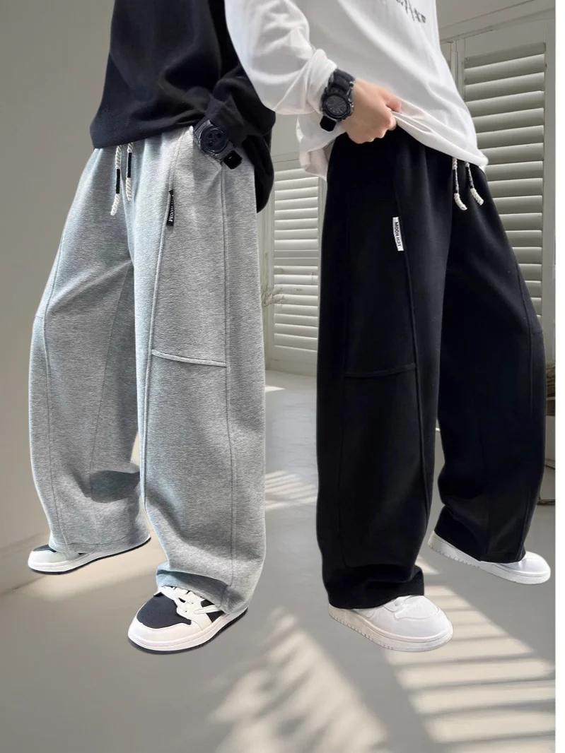 2026 Neue Frühlings-Freizeithose für Kinder, Schwarze Jogginghose mit Elastischem Bund und Geradem Bein für Jungen, Lockere Hose mit Taschen Image