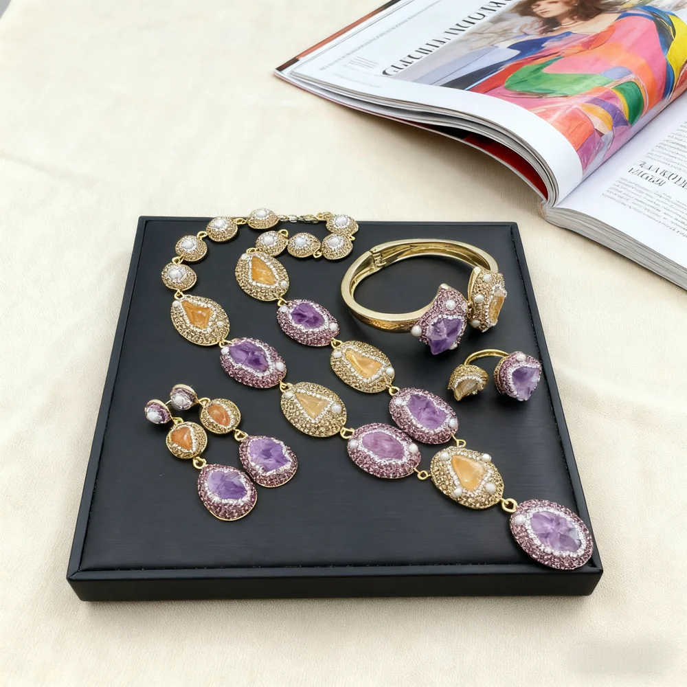 Französischer Stil, luxuriös, natürlicher Rohkristallstein, Schmucksets für Frauen, Amethyst, Citrin, Quarzsteine, Ohrring, Halskette, Ringe, Geschenk Image