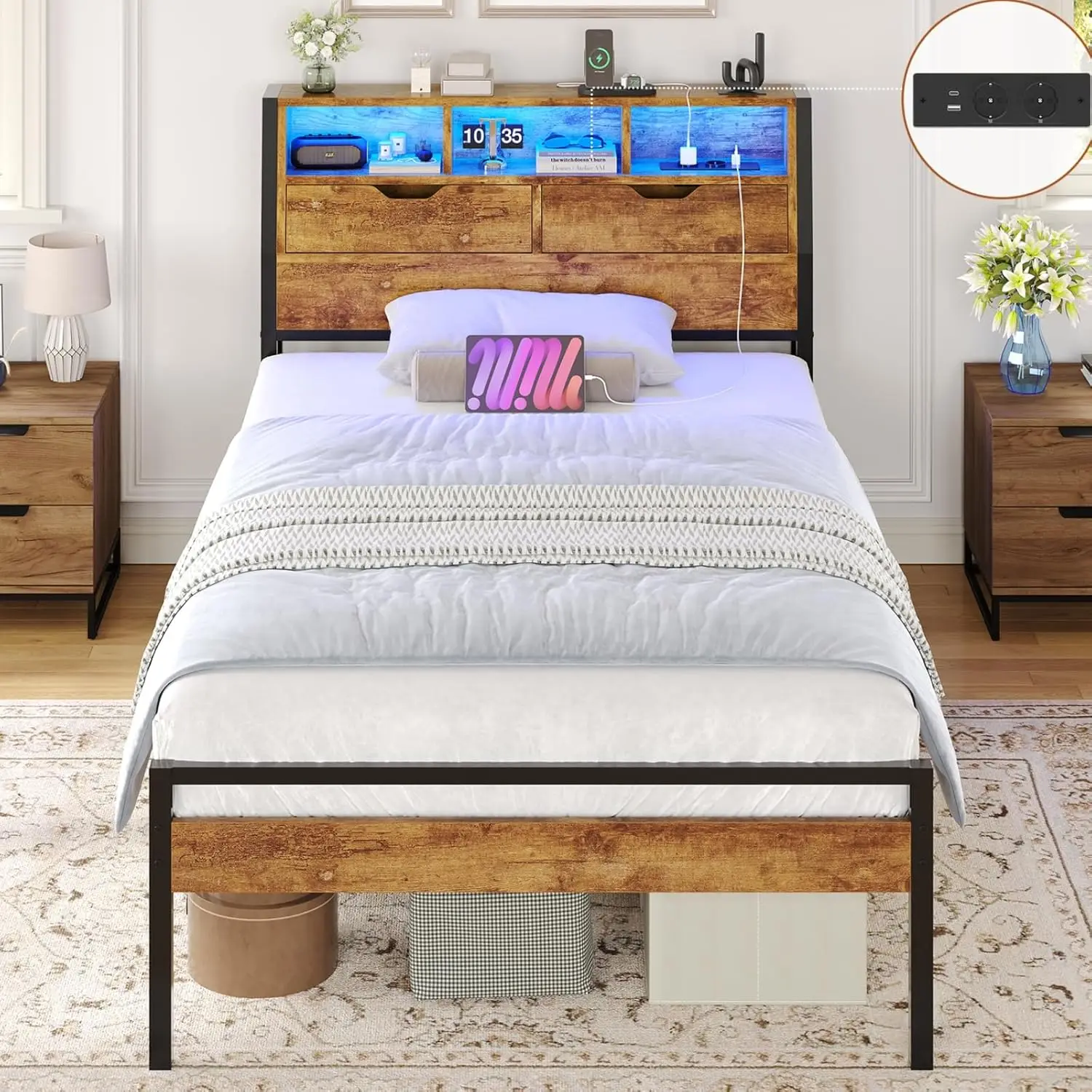 90 x 200 cm Metall-Lattenrost, Einzelbett, LED-Lichtfassung, Kopfteil aus Holz, 2 Türen, Schränke, Aufbewahrung, braun, individuell Image