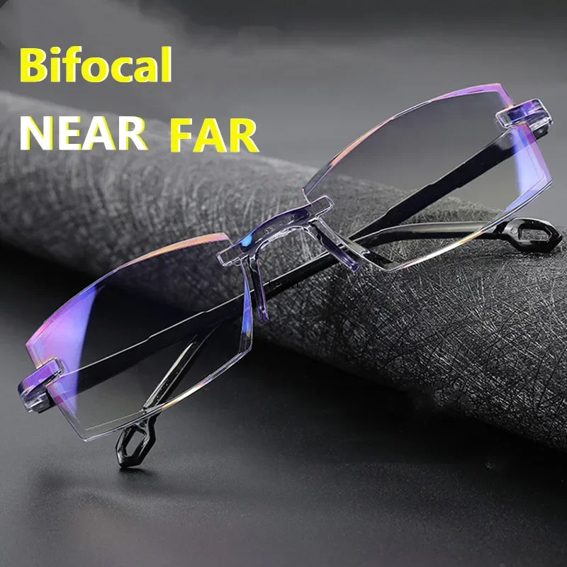 2 Paar neue randlose Lesebrillen für Männer und Frauen, Anti-Blaulicht-Bifokalbrille mit Fern- und Nahvergrößerung, Presbyopie-Brille +150 +200 Image