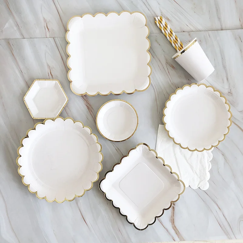 Gold Weiß Einweg Geschirr Papier Platte Strohhalme Tasse 1st Geburtstag Party Hochzeit Decor Kinder Baby Shower Party Supplies